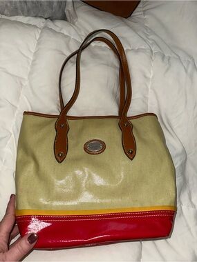 Franco Sarto pale green Canvas Tote with Red Patent Base and Tan Trim
